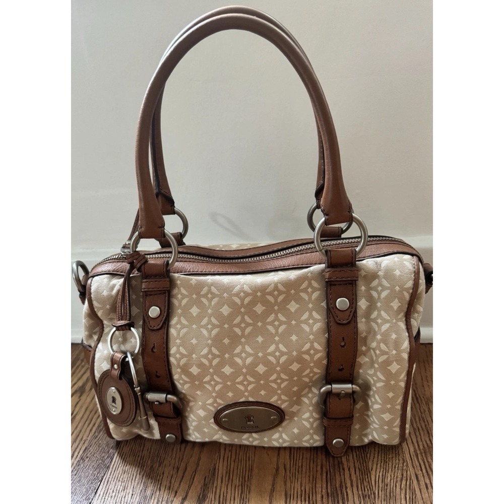 Fossil Y2K Satchel Handbag Leather Canvas Key Charm Keyhole Bag